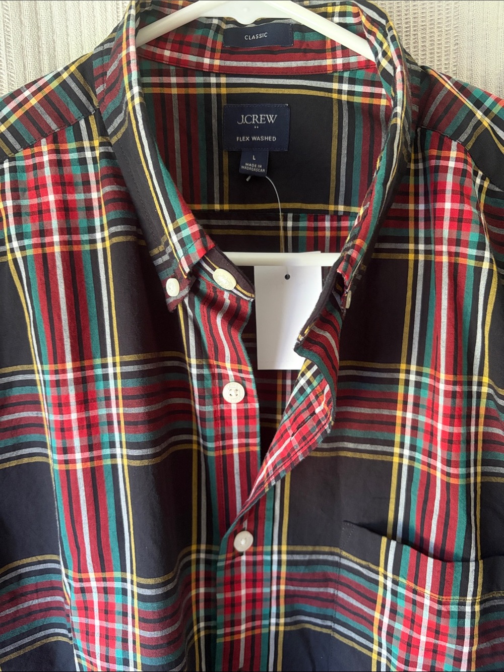 J. Crew Black Plaid Button-Down Shirt with Red, Green & Yellow Stripes